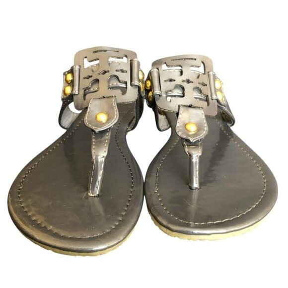 Tory Burch Miller Sandals Gunmetal Leather Thong Size 7 Metallic - Picture 2 of 15